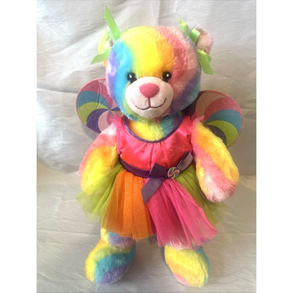 Build A Bear Multicolor Swirl Rainbow Plush Teddy W/Fairy Wings Outfit 16”